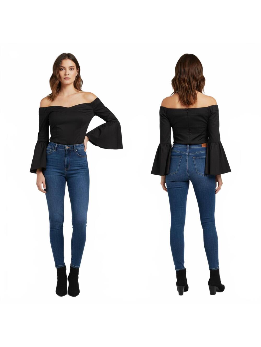 Bell Sleeve Top Off Shoulder Flounce Ruffle Black Blouse Party Top